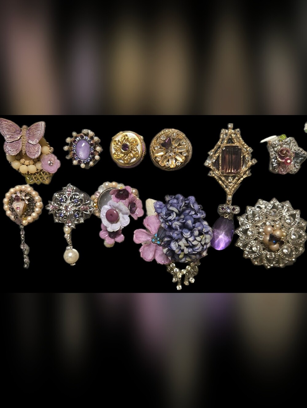 handmade refrigerator magnets made with vintage jewelry purple tones rhinestones